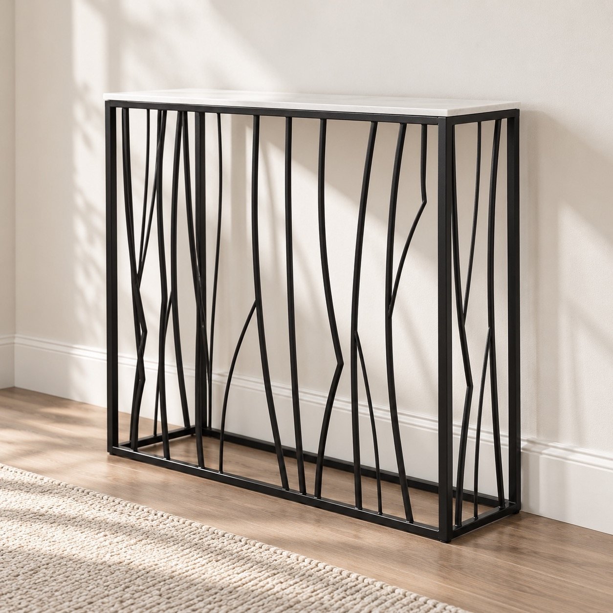 Angled view of the Branches Entrance Console showing its black metal depth, white top edge and wall shadow.