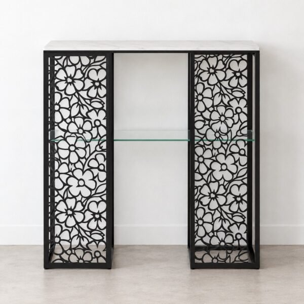 Two-piece black metal Flower Entrance Console with floral cut-out panels and a light stone-look top, front view.